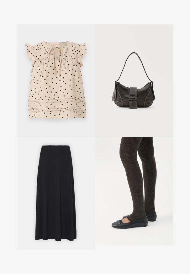 Blouse beige sans manches à pois noirs, manches courtes à volants, nouée devant au col arrondi, avec des plis horizontaux près de l'ourlet.; Jupe maxi de couleur noire unie. Design évasé avec une texture lisse et une taille élastique. Aucune imprimé ni accent visible.; Jambes portant des leggings côtelés foncés associés à des ballerines noires avec de petits détails en nœud sur fond blanc.; Sac à épaule en cuir noir avec une sangle à boucle, des bords arrondis et des coutures blanches contrastées sur un fond uni.