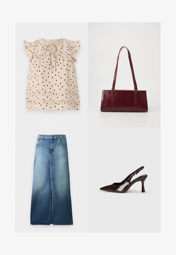 Beige ærmeløs bluse med sorte polkaprikker, flæseærmer, bindebånd foran ved rundet halsudskæring og horisontale plisseringer nær kanten.; Denim nederdel i lys til mørkeblå gradient, med en slids foran, standard talje og en lige skæring med opfoldede kanter.; Brune patenterede læderslingback-sandaletter med spids tå, en tynd hæl og justerbar rem med en lille spænde.; Bordeaux håndtaske lavet af glansfuldt materiale, rektangulær form, med to skulderremme og subtile buede detaljer på forsiden.