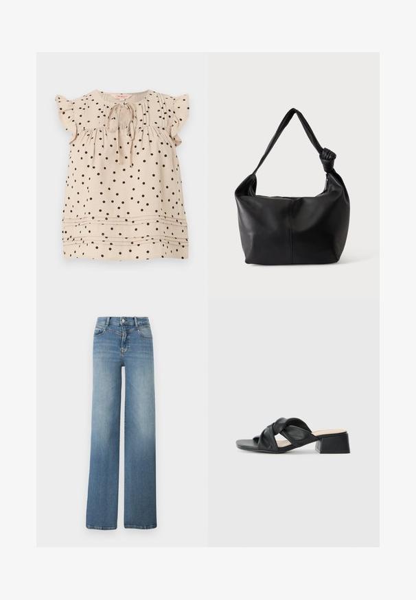 Blouse beige sans manches à pois noirs, manches courtes à volants, nouée devant au col arrondi, avec des plis horizontaux près de l'ourlet.; Jeans en denim bleu clair à jambes larges avec poches avant, fermeture par bouton, et texture délavée de la taille à l'ourlet.; Sandale en cuir noir avec un design supérieur tordu, bout carré et un petit talon carré, présentant une texture lisse et un style minimaliste.; Sac à bandoulière en cuir noir avec une sangle nouée unique et un corps souple et décontracté de forme rectangulaire.