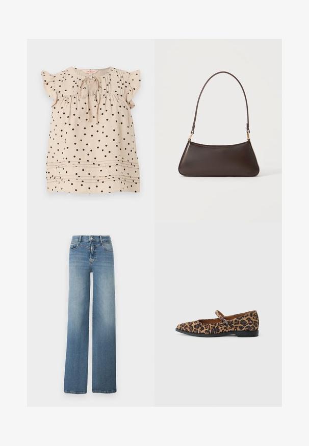 Beige mouwloze blouse met zwarte polka dots, gerimpelde kraagmouwtjes, strik aan de voorkant bij de afgeronde halslijn en horizontale plooien vlak bij de zoom.; Lichtblauwe wijde spijkerbroek met steekzakken aan de voorkant, knoopsluiting en een vervaagde textuur van taille tot zoom.; Leopardprint platte schoen met een ronde neus, een zwarte band over de wreef en een lage zwarte zool. Zachte stoffen textuur.; Donkerbruine leren handtas met een gebogen bovenrits en een dunne schouderriem met gouden sluitingen op een effen achtergrond.