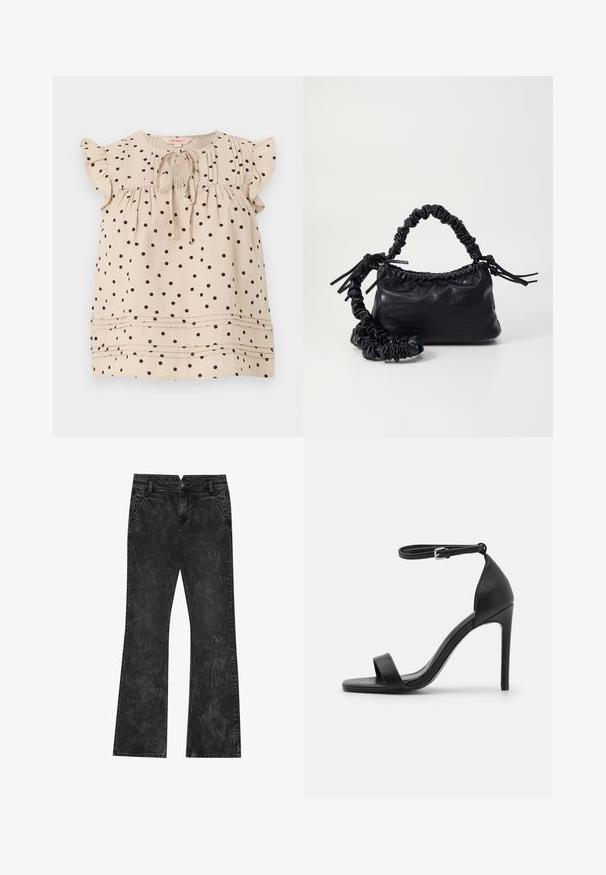 Beige ærmeløs bluse med sorte polkaprikker, flæseærmer, bindebånd foran ved rundet halsudskæring og horisontale plisseringer nær kanten.; Sorte flared jeans med en distressed tekstur, der har en knaplukning, bæltestropper og fire lommer.; Sort højhælet sandal med et sleek design, der har en ankelrem, åben tå og glat lædertekstur.; Sort kunstlæder håndtaske med krokodilteksur, indsnøret top og en sammenkrøben rem. Ser blød og kompakt ud i designet.