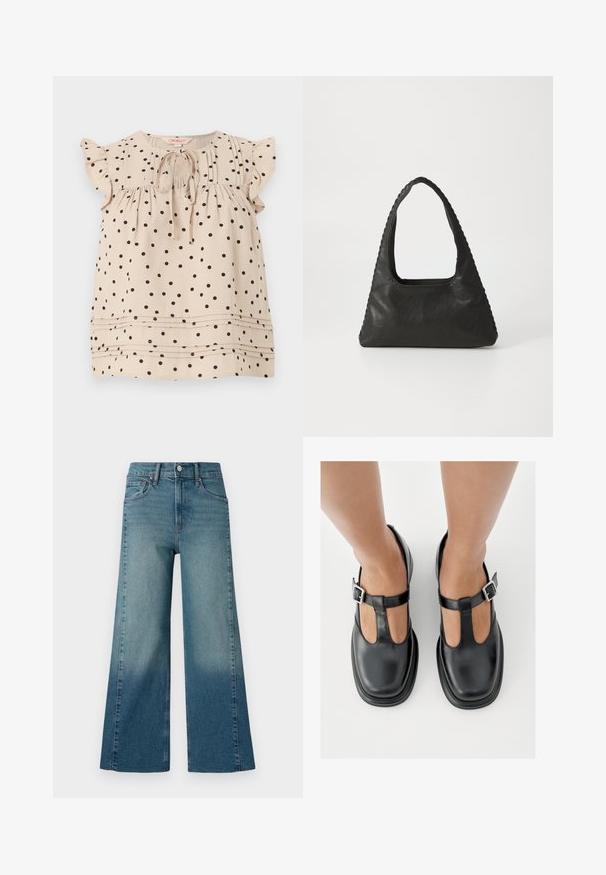 Blouse beige sans manches à pois noirs, manches courtes à volants, nouée devant au col arrondi, avec des plis horizontaux près de l'ourlet.; Jeans à jambe large dans un délavage bleu moyen, présentant un effet dégradé du plus foncé au plus clair. Fabriqués en denim avec un design traditionnel à cinq poches.; Chaussures en cuir noir avec un design à bride en T, bout fermé et accents de boucles argentées. Texture lisse avec un bout arrondi et une semelle plate.; Sac à main en cuir noir de forme triangulaire, avec une grande poignée découpée et des coutures détaillées le long des bords. Texture lisse.