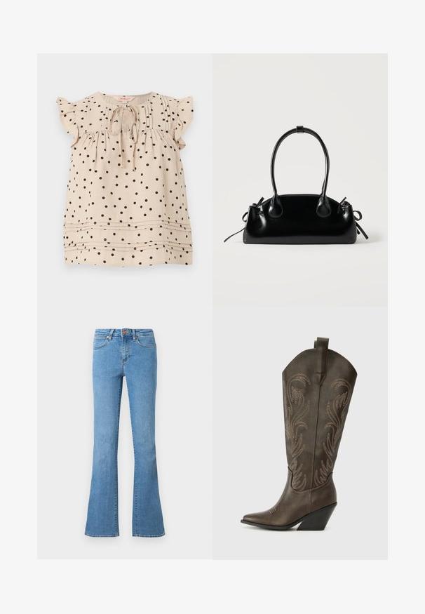 Blouse beige sans manches à pois noirs, manches courtes à volants, nouée devant au col arrondi, avec des plis horizontaux près de l'ourlet.; Jean en denim bleu clair avec une taille mi-haute, cinq poches, fermeture par bouton et fermeture éclair, et des bas légèrement évasés.; Botte de cowboy en cuir marron avec un embout pointu, un talon compensé et des broderies décoratives. Dispose d'un long tige et d'une languette de tirage.; Petit sac à main noir brillant avec deux longues anses et des détails à cordon sur les côtés sur un fond clair uni.