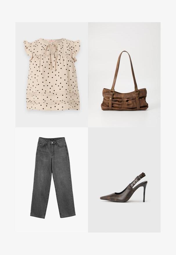 Beige mouwloze blouse met zwarte polka dots, gerimpelde kraagmouwtjes, strik aan de voorkant bij de afgeronde halslijn en horizontale plooien vlak bij de zoom.; Zwarte high-waisted straight-leg jeans met een knoop aan de voorkant en zakken, weergegeven op een witte achtergrond.; Bruine leren slingback high heel schoenen met puntige neus, verstelbare gespsluiting en zwarte stilettohak op een effen achtergrond.; Even&Odd by Zalando Handtas - brown
