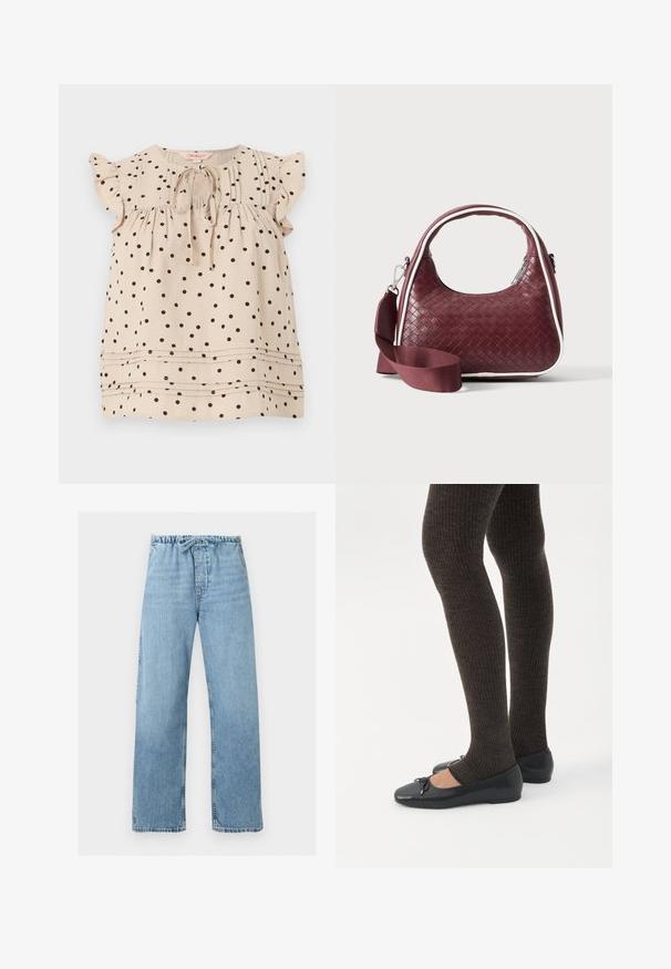 Blouse beige sans manches à pois noirs, manches courtes à volants, nouée devant au col arrondi, avec des plis horizontaux près de l'ourlet.; Jean en denim bleu clair avec jambes larges, taille élastique et lien à cordon, présenté à plat sur fond blanc.; Jambes portant des leggings côtelés foncés associés à des ballerines noires avec de petits détails en nœud sur fond blanc.; Sac à main en cuir tressé marron foncé avec poignée courbée, garniture blanche, fermeture éclair argentée et bandoulière large en tissu amovible sur fond uni.