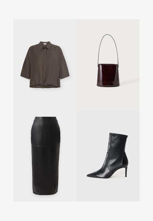 Chemise gris foncé à coupe ample, manches courtes, boutonnée devant, col et cordon de serrage à l’ourlet, présentée sur fond blanc.; Jupe midi en cuir noir avec une silhouette ajustée, texture lisse, taille haute et fermeture éclair discrète sur le côté. Aucun motif ni accent.; Bottes noires à la cheville en cuir lisse, dotées d'un bout pointu, d'un tige ajustée et d'un talon haut fin. Design minimaliste sans quincaillerie visible.; Sac seau brun foncé brillant avec une longue sangle fine et des coutures visibles minimales sur un fond clair.