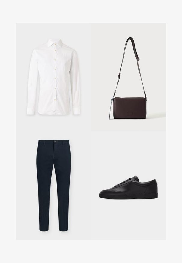 Camisa blanca de vestir de manga larga con botones y cuello, mostrada sobre un fondo claro y sencillo.; Pantalones de hombre azul marino de corte slim con cierre frontal de botón y cremallera, trabillas para cinturón y diseño minimalista.; Zapatilla baja negra de cuero con cordones en la parte delantera y suela plana de goma, mostrada de perfil sobre un fondo blanco liso.; Bolso bandolera de cuero marrón oscuro con textura, correa ajustable y pequeño adorno decorativo azul en el lateral.
