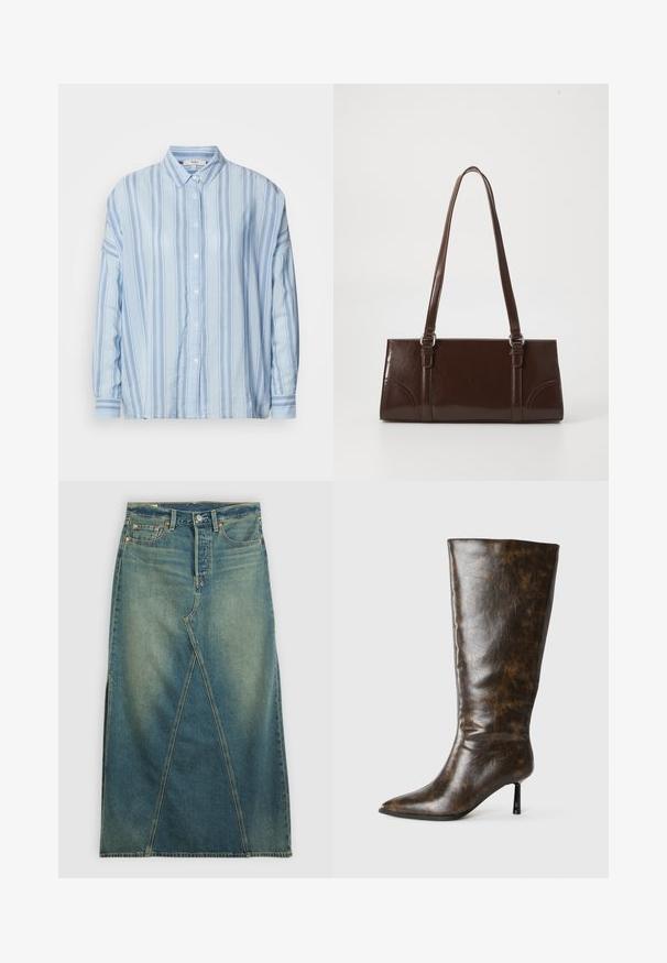 Lyseblå skjorte med lange ærmer og knapper, med lodrette hvide og mørkeblå striber, klassisk krave og manchetter.; Denim nederdel med høj talje i mellemblå. Har en markant frontnaht, sideskår og standard fem-lomme design.; Brun læderstøvle til knæet med en blank finish, spids tå og en slank, høj hæl. Stoffet har et tekstureret, revnet mønster.; Brun lakeret håndtaske med rektangulær form, to lange håndtag og subtile buede detaljer på fronten.