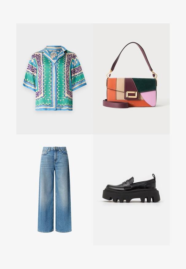 Camisa de manga corta con botones con patrones geométricos y de hojas en azul, verde, morado y beige sobre un fondo claro.; Jeans de mezclilla azul de pierna ancha con un lavado claro, cintura alta, bolsillos delanteros y un sutil efecto de desvanecimiento a lo largo de las piernas. Terminados con un cierre de botón.; Mocasines de cuero negro con una suela de goma negra gruesa, que cuentan con ranuras antideslizantes y una correa decorativa en la parte delantera.; Bolso de mano de cuero con bloques de color en naranja, beige, burdeos, verde y rosa con cierre dorado y dos correas burdeos, una corta y una larga.