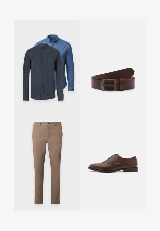 Deux chemises à manches longues : une bleu marine à pois blancs avec un col boutonné, et une bleue unie avec une texture lisse et un col.; Pantalon marron ajusté pour homme avec fermeture à boutons et zip sur le devant, passants de ceinture et poches latérales, présenté à plat sur fond blanc.; Chaussure habillée en cuir marron à lacets avec un bout arrondi élégant, des détails de couture subtils et un petit talon en caoutchouc noir.; Ceinture en cuir brun avec une texture lisse, dotée d'une pointe courbée et d'une boucle métallique rectangulaire au fini sombre.