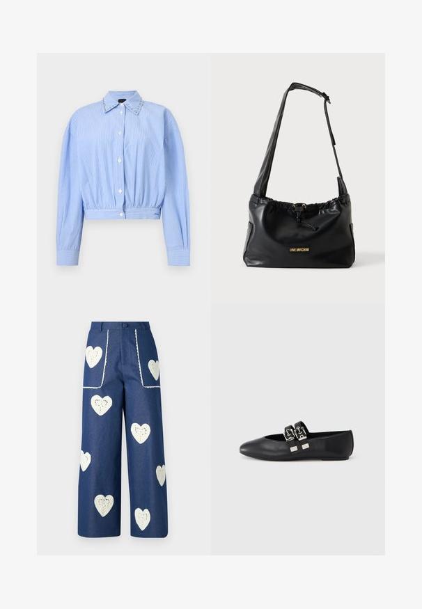 Lyseblå cropped skjorte med hvide lodrette striber, lange pufærmer og nitte-detaljer på kraven.; Sister Jane HEART TO HEART - Jeans Straight Leg - blue denim; Sort flad sko i læder med spids snude og to sølvfarvede spænder over vristen, fotograferet mod en ensartet lys baggrund.; Sort Moschino skuldertaske med justerbar rem, rynket åbning og guldfarvet logo-plade foran.