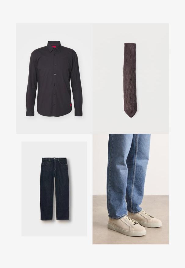 Schwarzes Langarmhemd aus Baumwolle, mit spitzem Kragen, Knopfleiste und einem roten Akzent im Kragen. Strukturierter Stoff ohne Muster.; Dunkelblaue Jeans aus Denim mit lockerer Passform, fünf Taschen und Kontrastnähten. Mit einem Knopf- und Reißverschluss ausgestattet. Glatte Textur.; BOSS GARYTENN_SDHDEL - Sneaker low - natural ten; Dunkelbraune gestrickte Krawatte mit strukturierter Oberfläche, flach auf weißem Hintergrund mit spitz zulaufender Spitze ausgelegt.