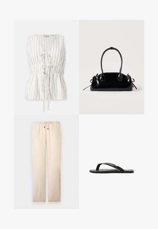 Ærmeløs hvid bluse med tynde sorte lodrette striber, V-hals og tre bindelukninger foran med detaljeret smock i taljen.; Lysebeige bukser med løs pasform, elastisk talje og snøre med to træperler i enderne, vist på en ensfarvet baggrund.; Sort flip-flop sandal med flad sål, tekstureret sort indersål, glatte stropper og en lille gul accent nær tåposten.; Lille sort blank håndtaske med to lange håndtag og snøre-detaljer i siden på en ensfarvet lys baggrund.