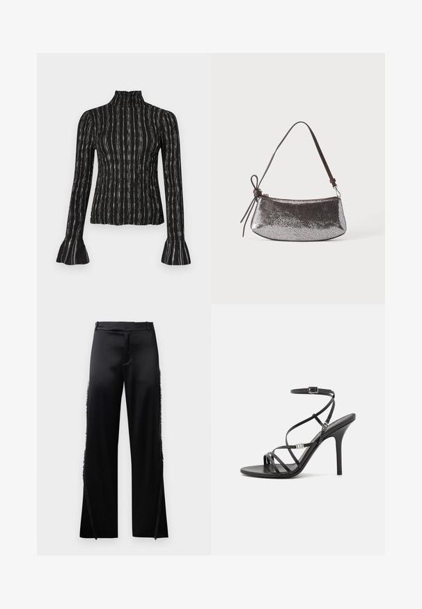 Haut noir à manches longues avec col haut, présentant des rayures verticales et des poignets évasés. Le matériau a une finition texturée avec un léger éclat.; Pantalons en satin noir à jambes larges, avec des détails en franges le long des coutures latérales et une taille plate à l'avant. Dos uni sans poches.; Sandale noire à talons hauts avec des brides fines, une boucle à la cheville, une surface en cuir lisse et un talon aiguille élancé.; Petit sac à main argenté métallique avec une surface texturée, une courte sangle marron foncé et un nœud décoratif noué d'un côté.