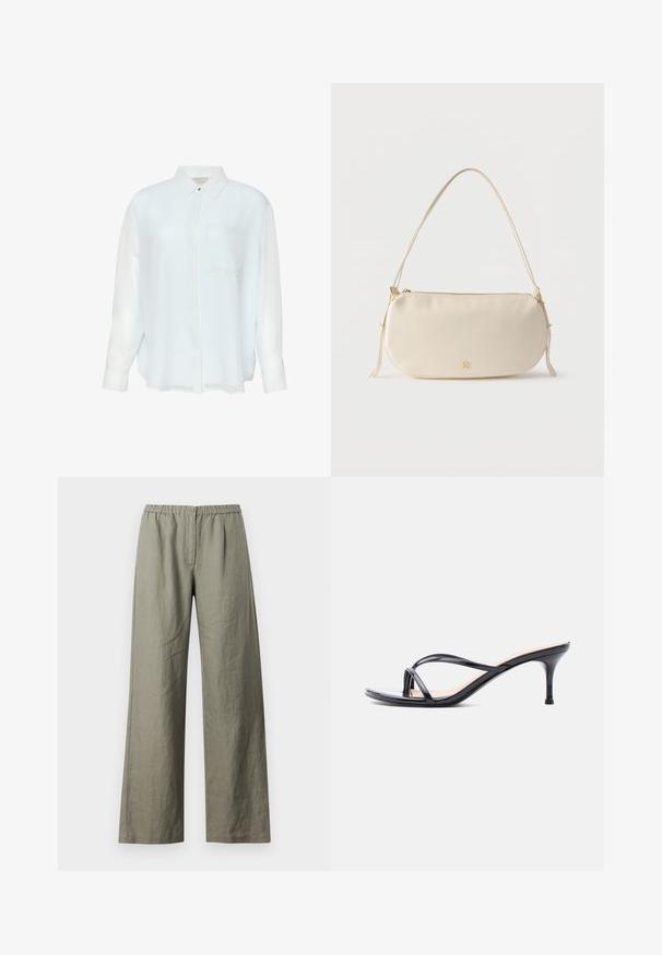 Lyseblå skjorte med lange ærmer og knapper, lavet af et glat, let gennemsigtigt stof. Har krave og en enkelt brystlomme. Casual design.; Samsøe Samsøe SATOVE TROUSERS - Bukser - vetiver; Sort laklædersandal med hæl, tynde krydsede remme og en slank mellemhøj stilethæl på en hvid baggrund.; Kræmmerhvid lille skuldertaske med enkelt rem, lynlås og diskret gyldent mærkelogo på forsiden.