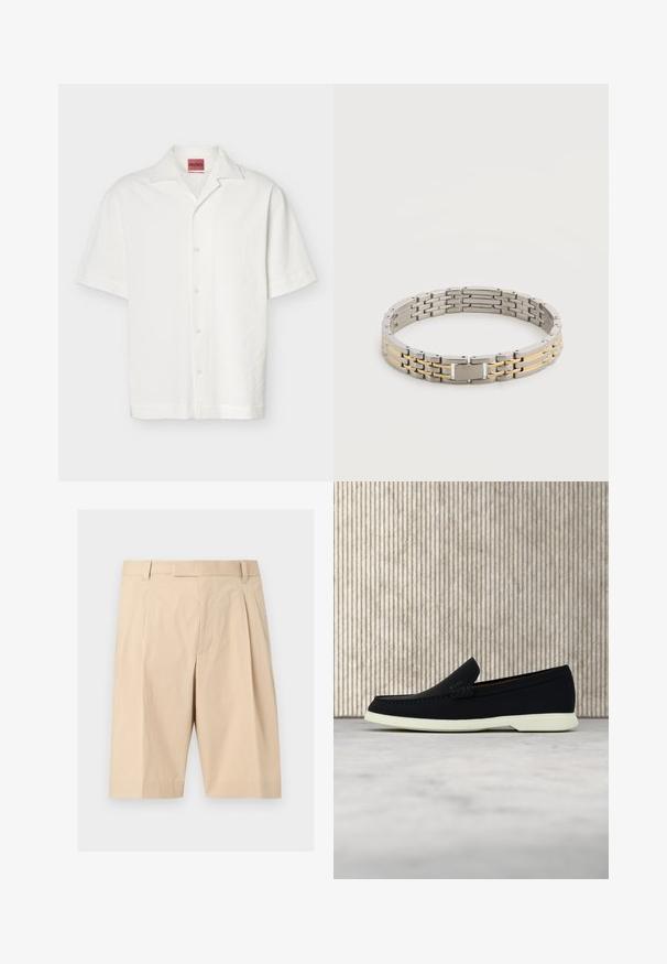 Weißes, kurzärmliges, strukturiertes Hemd mit Knopfleiste, Taschenkragen und sichtbarem HUGO-Label im Nackenbereich.; Beige knielange, maßgeschneiderte Shorts mit Gürtelschlaufen, vorderen Falten und einem verdeckten Reißverschluss vorne.; Schwarzer Slipper mit runder Zehenpartie, präsentiert sich mit einem strukturierten Obermaterial, glatter weißer Sohle und einem dezenten Branding-Detail an der Seite.; Armband aus silber- und goldfarbenen Metallgliedern mit einem rechteckigen Verschluss, auf dem auf weißem Hintergrund ein Markenname eingraviert ist.