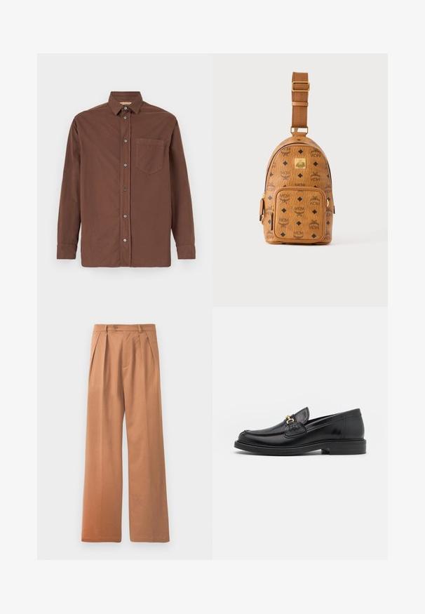 Bruine button-up overhemd met een kraag, lange mouwen, een enkele borstzak en grijze knopen, gemaakt van een geweven stof.; Beige wijde broek met een platte voorkant, plooien en een enkele knoopsluiting bij de taille. Gladde textuur en volledige lengte.; Zwarte leren instappers met een ronde neus, voorzien van een gouden hardware accent en stikdetails, geplaatst op een lage, getextureerde rubberen zool.; Kleine lichtbruine leren crossbodytas met verstelbare schouderriem, voorvak met rits en herhalend zwart MCM-logo patroon.