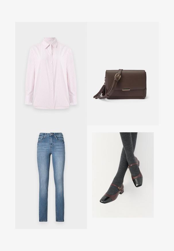 TOM TAILOR BLOUSE SHIRT - Nööpidega pluus - mid pink/white; Heledad sinine teksade kitsad püksid kõrge vöökohaga, viie taskuga, kergete kulumisjälgedega ja kontrastselt õmmeldud detailidega.; Burgundia nahast Mary Jane kingad musta läikiva varbaga ja õhukese pealehüppestrapiga; kantud tumedate hallide soonikkoes sokkidega. Madal ploki konts.; Pruun faux nahast ülekande kott, millel on klapp sulgemine, kuldse tooni riistvara ja küljetasku detailid. Reguleeritav rihm mitmekesiste kandmisvõimaluste jaoks.