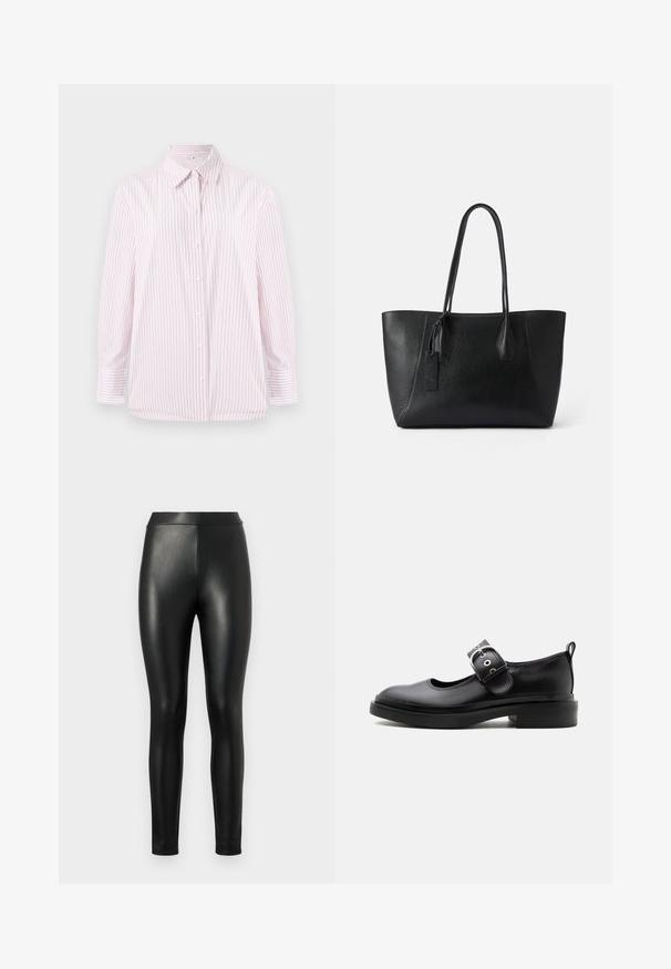 TOM TAILOR BLOUSE SHIRT - Skjortebluser - mid pink/white; Sorte faux læder leggings med en glat tekstur, høj talje og tætsiddende pasform, designet til en strømlinet silhuet.; Sort læder Mary Jane-sko med tyk sål, rundet tå, sølvspænde og trækflig bagpå.; Sort læder tote taske med en struktureret overflade, forlænget form, to solide håndtag og et lille dekorativt mærke på siden.