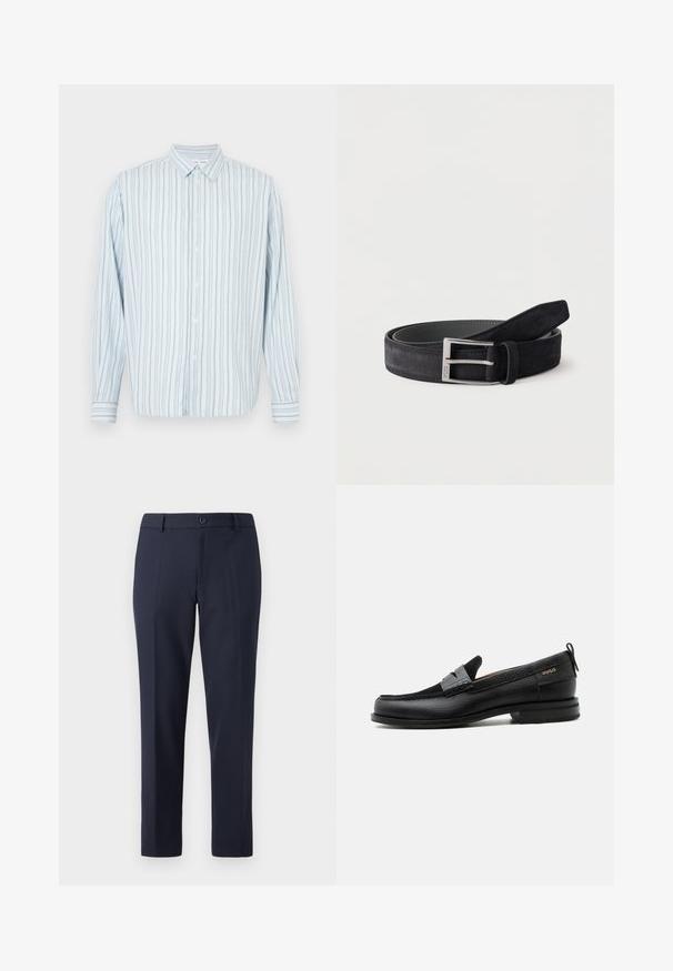 Camisa de manga larga de color azul claro con rayas verticales estrechas en blanco y negro, cuello puntiagudo, mostrada sobre un fondo blanco.; Pantalones de marina hechos de una tela suave, con un corte recto, presillas para cinturón y un cierre de botón único en la cintura.; Mocasín de cuero negro con detalle de tira gris, tacón bajo y suela texturizada, con la marca "HUGO" en oro en el lateral.; Cinturón de cuero de ante negro enrollado con hebilla metálica rectangular plateada sobre un fondo blanco liso.