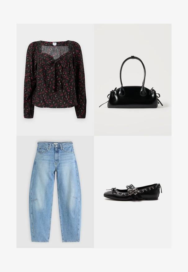 Sort blomstret bluse med lange ærmer, der har bindebånd foran, rynkede detaljer og små røde og hvide blomsterprint over det hele.; Lyseblå denimjeans med en afslappet pasform, der har høj talje, lige ben og diskrete syninger på frontlommen.; Sort flad balletsko med dobbelt spænde, sølvøjer og en lille sløjfe nær den runde tå på en hvid baggrund.; Lille sort blank håndtaske med to lange håndtag og snøre-detaljer i siden på en ensfarvet lys baggrund.