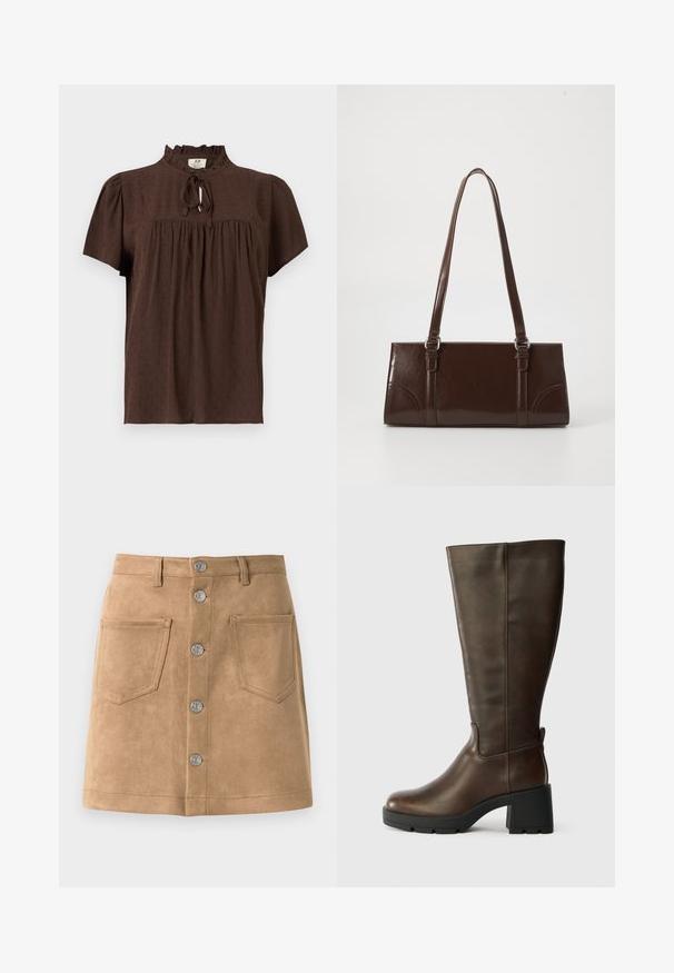 Bruine blouse met korte mouwen van gestructureerde stof, met geplooid juk en ruches aan de halslijn en een striksluiting aan de voorkant.; Taupe suède rok met een aansluitende vorm, vijf metalen knopen aan de voorkant en twee voorkanten zakken, met een gladde textuur en strakke randen.; Bruine leren kniehoogte laars met een chunky zwarte hak en een gestructureerde afwerking. Heeft een ronde neus en subtiele zijnaaddetails.; Bruine lakleren handtas met een rechthoekige vorm, twee lange handvatten en subtiele gebogen accenten aan de voorkant.