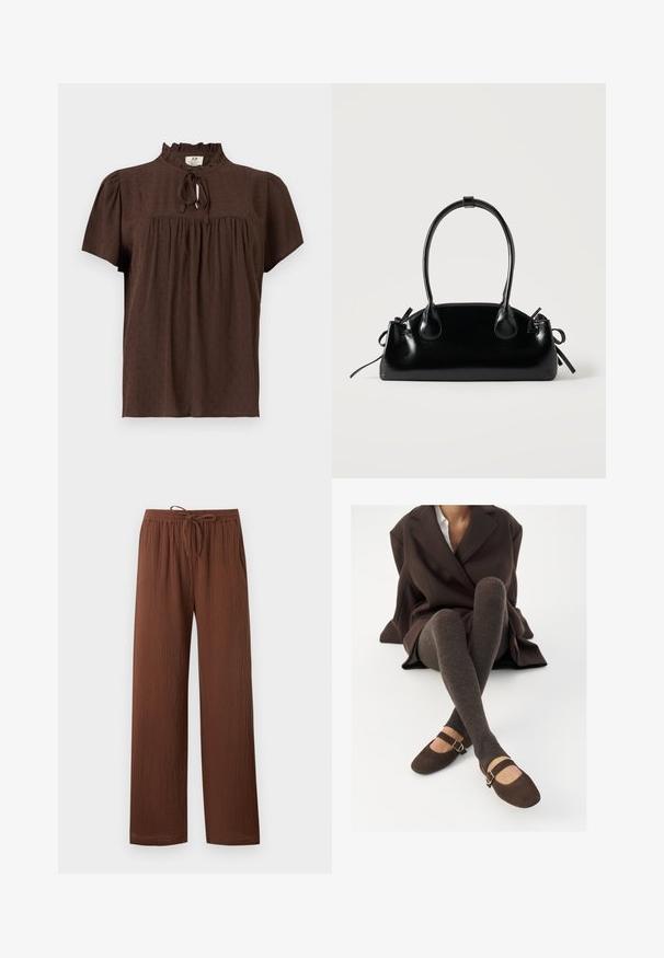 Blouse marron à manches courtes en tissu texturé, empiècement froncé, col volanté et fermeture à nouer devant.; Pantalon marron texturé coupe ample avec une taille élastique et un cordon ajustable, jambes droites et poches latérales.; Des chaussettes marron côtelées jusqu'aux genoux associées à des ballerines en daim marron de type Mary Jane avec une sangle décorative et une boucle, portées avec un manteau sombre.; Petit sac à main noir brillant avec deux longues anses et des détails à cordon sur les côtés sur un fond clair uni.