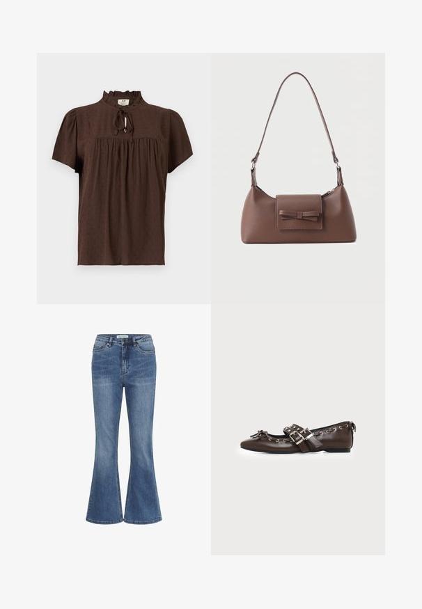 Blouse marron à manches courtes en tissu texturé, empiècement froncé, col volanté et fermeture à nouer devant.; Jean en denim bleu avec une taille haute, fermeture par bouton et zip à l'avant, et jambes légèrement évasées.; Chaussure plate en cuir marron foncé avec bout pointu, doubles brides à boucles argentées, œillets métalliques et nœud décoratif à l'avant.; Sac à bandoulière en cuir marron avec une poche à rabat avant ornée d'un détail en forme de nœud cousu et une sangle réglable.