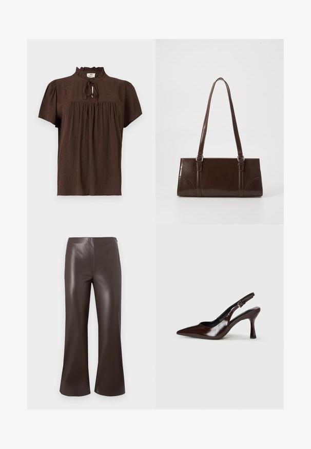 Blouse marron à manches courtes en tissu texturé, empiècement froncé, col volanté et fermeture à nouer devant.; Pantalons évasés en simili cuir marron avec une taille haute et une texture lisse, présentant un design épuré et soigné avec de larges ouvertures de jambe.; Talons slingback en cuir verni brun avec un bout pointu, un talon fin, et une sangle réglable avec une petite boucle.; Sac à main en cuir verni marron de forme rectangulaire, avec deux longues poignées et des accents courbés subtils à l'avant.