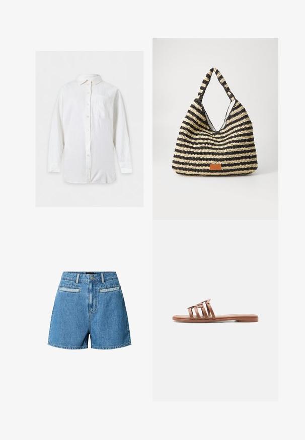 Chemise blanche à manches longues, boutonnée, avec col et poche poitrine gauche, présentée à plat sur un fond clair.; Shorts en denim bleu taille haute avec fermeture à boutons sur le devant, passants pour ceinture et deux poches horizontales à l'avant sur fond blanc.; Sandale mule plate marron avec quatre fines lanières, dont une avec un détail décoratif en boucle, présentée de profil sur un fond blanc.; Sac tissé rayé en noir et beige, avec un design décontracté, une surface texturée et une petite pièce en cuir en accent.