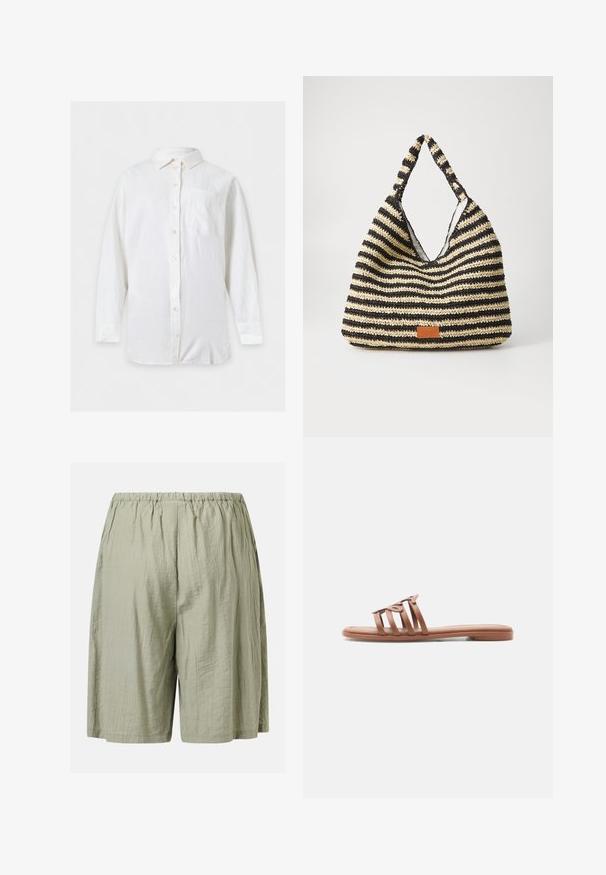 Chemise blanche à manches longues, boutonnée, avec col et poche poitrine gauche, présentée à plat sur un fond clair.; Shorts vert clair à coupe ample avec une taille élastique et une texture subtile froissée.; Sandale mule plate marron avec quatre fines lanières, dont une avec un détail décoratif en boucle, présentée de profil sur un fond blanc.; Sac tissé rayé en noir et beige, avec un design décontracté, une surface texturée et une petite pièce en cuir en accent.