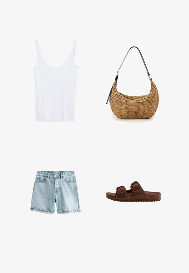 Hvid tanktop med rundet udskæring, lavet af blødt stof, med tynde stropper og et slankt, tætsiddende design. Ingen synlige mønstre eller detaljer.; Lyseblå denim shorts med rå kant, fem lommer og knaplukning. Stoffet har en let slidt tekstur.; Brun åben tå slide-sandal med to justerbare remme med spænder og en tekstureret sål for greb, vist på en hvid baggrund.; Lille brun vævet skuldertaske med sort justerbar rem og lynlåslukning, vist på hvid baggrund.