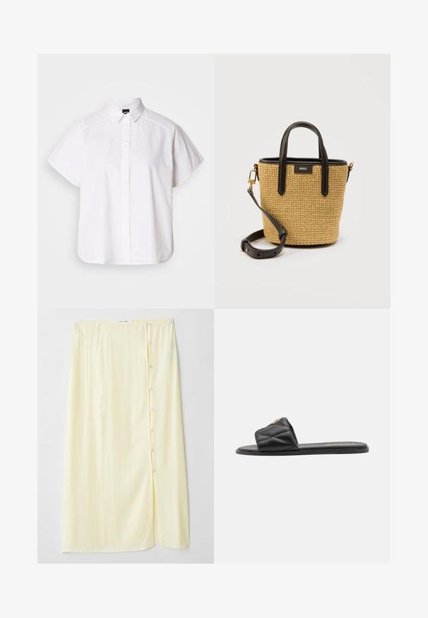 Camisa blanca de manga corta con botones, cuello con puntas y dobladillo curvado. Fabricada en algodón con una textura suave y sin patrones visibles.; Larga falda de color amarillo pálido hecha de un tejido suave, con una abertura lateral y cierre de botón, que presenta una textura suave y un corte relajado.; Sandalia deslizante negra acolchada con suela plana, que presenta un acento dorado en la correa. Fabricada con material sintético de textura suave.; Pequeño bolso tejido color tostado con asas de cuero negro, ribete y correa de hombro ajustable, con cierre dorado y etiqueta "BOSS".