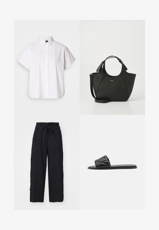Chemise blanche à manches courtes, à boutons, avec un col pointu et un ourlet arrondi. Fabriquée en coton, elle possède une texture lisse et sans motifs visibles.; Pantalons larges noirs en tissu doux. Dotés d'une taille à nouer et de plis, ils offrent une coupe décontractée sans ornements supplémentaires.; Sandale à glissière noire matelassée avec une semelle plate, ornée d'un accent doré sur la sangle. Fabriquée en matériau synthétique avec une texture lisse.; Sac à main en cuir noir avec une surface texturée, un design courbé, des poignées doubles et une bandoulière amovible. Présente un logo de marque à l'avant.