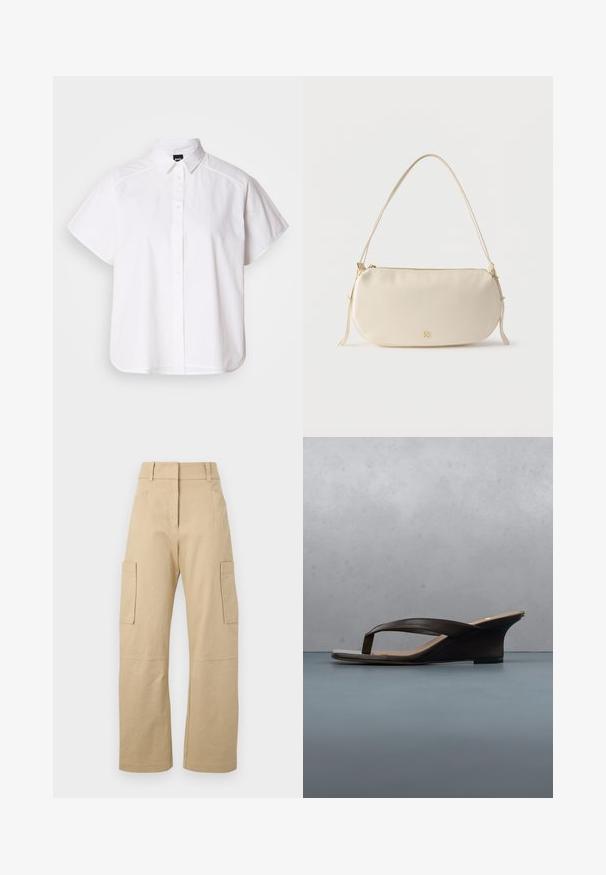 Chemise blanche à manches courtes, à boutons, avec un col pointu et un ourlet arrondi. Fabriquée en coton, elle possède une texture lisse et sans motifs visibles.; Pantalons cargo beiges en coton, avec une taille haute, des jambes larges, deux poches latérales et deux grandes poches cargo sur les cuisses.; Sandale compensée noire avec brides en lanières posée sur une planche en bois et un sol en pierre en plein air près de plantes vertes et d'un mur en béton.; Petit sac à épaule de couleur crème avec une seule sangle, fermeture éclair et logo de marque doré discret à l'avant.