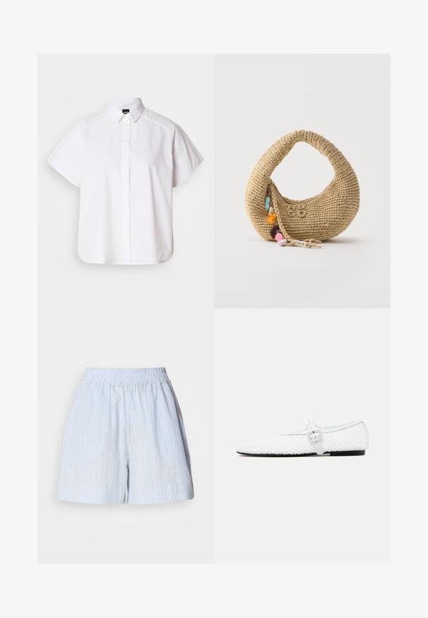 Chemise blanche à manches courtes, à boutons, avec un col pointu et un ourlet arrondi. Fabriquée en coton, elle possède une texture lisse et sans motifs visibles.; Shorts bleu clair avec des rayures verticales blanches et bleu foncé. Dotés d'une taille élastique et d'une coupe décontractée. Fabriqués en un matériau doux.; Chaussure plate blanche avec tige en mesh et une bride blanche ornée d'une boucle carrée, présentée sur un fond gris clair uni.; Sac à main beige en forme de croissant, crocheté, avec une fermeture éclair et des breloques colorées en forme de fleurs et de cœurs suspendues à la tirette de la fermeture éclair.