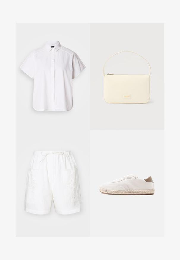 Weißes kurzärmliges Hemd mit Knopfleiste, spitzem Kragen und abgerundetem Saum. Hergestellt aus Baumwolle mit glatter Textur und ohne sichtbare Muster.; Weiße Baumwollkurzshorts mit einem elastischen Bund, Kordelzug und zwei vorderen Taschen, die mit komplizierten Stickereien verziert sind.; Weißer Sneaker mit Obermaterial aus Wildleder, beigen Akzenten und einer Sohlenpartie aus gewebtem Jute. Ausgestattet mit flachen Schnürsenkeln und einem seitlichen Logo mit Markenaufdruck.; Rechteckige Handtasche in Cremefarbe mit einem einzelnen Trageriemen und Reißverschluss oben, ausgestattet mit einer kleinen, geprägten Logoplakette vorne.