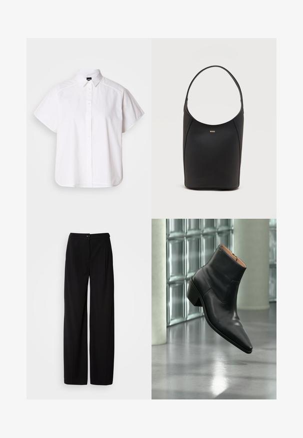 Chemise blanche à manches courtes, à boutons, avec un col pointu et un ourlet arrondi. Fabriquée en coton, elle possède une texture lisse et sans motifs visibles.; Pantalons large en noir avec un tissu tissé lisse ; dotés d'une fermeture à bouton et d'un design plissé pour une silhouette structurée.; Bottine en cuir noir avec un bout pointu et un talon carré lévitant au-dessus d'un sol gris réfléchissant près d'un mur en blocs de verre.; Sac seau en cuir noir avec une seule bandoulière et un petit logo BOSS doré centré près du haut à l'avant.