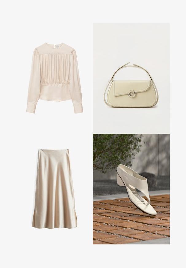Beige Bluse mit langen Ärmeln, gerafftem Vorderteil, rundem Ausschnitt, Knopfverschluss hinten und breiten Manschetten.; Satinrock in einem hellbeigen Farbton, mit einem glatten Material, ausgestelltem Design und seitlichen Schlitzen für bessere Bewegungsfreiheit.; Weißer Ledersandalette mit hohem Absatz, breitem Riemen und Zehensteg, im Freien auf einer Holz- und Kiesfliesenfläche mit Grün im Hintergrund gezeigt.; Cremefarbene Ledertasche mit geschwungener Klappe, rundem silbernem Verschluss und kurzem Tragegriff vor einfachem weißem Hintergrund.