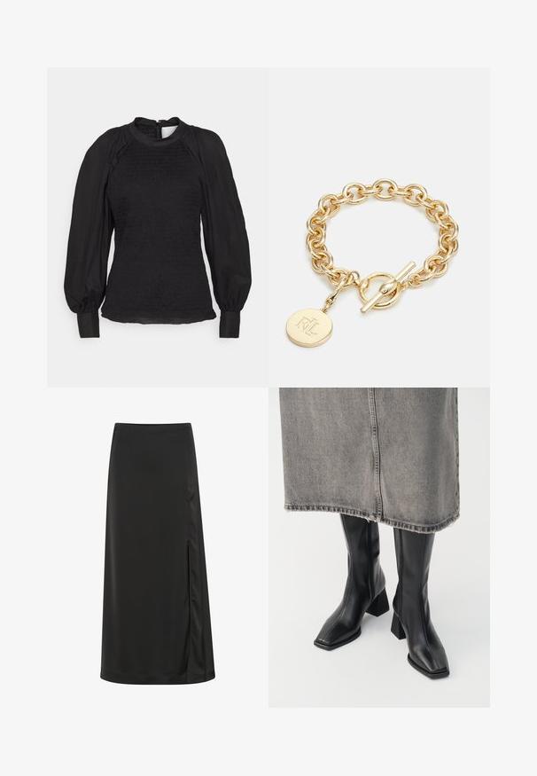 3.1 Phillip Lim VOILE - Pluus - black; Must sherline seelik, mis on valmistatud siledast kangast, millel on külg lõhk ja sirge siluett, millel on kerge läige. Kohandatud alläärega.; Mustad põlvini nahast saapad, millel on ruudukujuline varvas ja klotsikontsa. Kandmisel halli teksaseelikut, mille serv on frakreebriga.; Kuldtooneline ahel käevõru, millel on suured poleeritud lingid, lukuga kinnitussüsteem ja ümmargune ripats, millel on reljeefne logo detail.