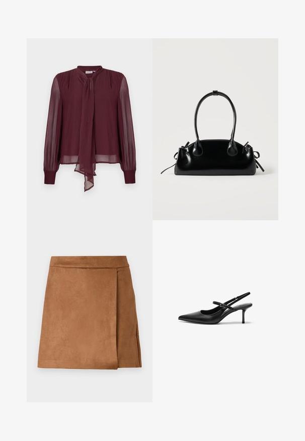 Bordeaux chiffon blouse met lange, doorzichtige mouwen, een geknoopte halsdetail en geplooide accenten op de schouders. Relaxte pasvorm, semi-doorzichtige textuur.; Bruine suède mini rok met een wikkelontwerp, voorzien van een gladde textuur en een nette afwerking aan de onderkant. Geen zichtbare hardware of accenten.; Zwarte leren slingback hakken met een puntige neus, slanke verstelbare band en een ongeveer 5 cm hoge stiletto hak, met een gladde textuur.; Kleine zwarte glanzende handtas met twee lange hengsels en zijkant trekkoord details op een effen lichte achtergrond.
