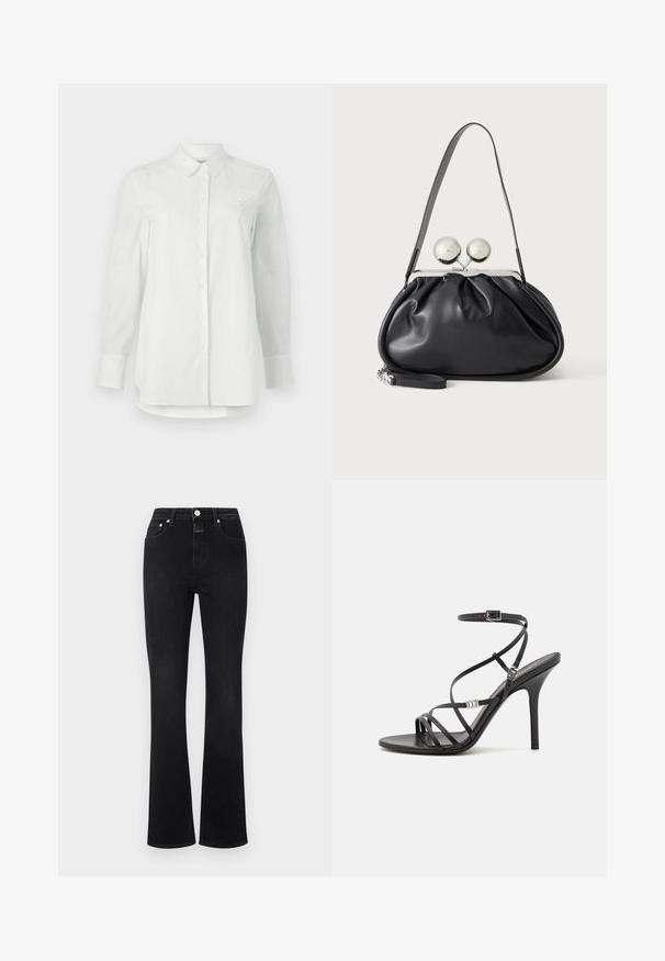 Hvid langærmet skjorte lavet af bomuld. Har en klassisk krave, knaplukning foran og en brystlomme med et diskret broderet design.; Sorte flared jeans lavet af denim, med høj talje, fem lommer, hardware i guld-tone, og en glat overflade.; Sort højhælet sandal med tynde stropper, en ankelspænde, en glat læderoverflade og en slank stilethæl.; Sort læderhåndtaske med opsamlet design, en enkelt rem, sølv metalramme og to store runde sølv lukninger.