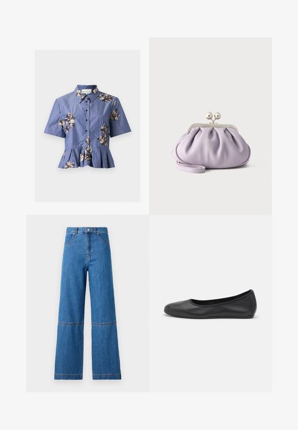 Blå kortærmet skjorte med hvide striber, blomsterpailletbroderi, krave og plisseret peplumkant.; Bredde ben jeans i blå denim med høj talje, der har dobbelt stikning ved knæene og en tekstureret stofoverflade.; Sort læderballetsko med rund tå, glat tekstur, minimal syning og et fleksibelt såldesign.; Blød lavendel clutch med opsamlet stof, sølv kiss-lock lås og matchende håndledsrem på en ensfarvet lys baggrund.