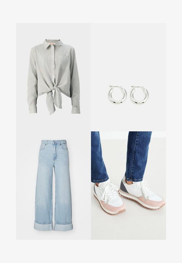 Camisa de boton en rayas verdes y blancas, con un lazo en la parte delantera, mangas largas y un bolsillo en el pecho. Confeccionada en tela ligera.; Jeans de pierna ancha en azul claro con cintura alta, puños enrollados y textura clásica de denim. Presenta bolsillos frontales y cierre con cremallera.; Zapatillas blancas y rosa claro con acentos grises, que cuentan con una parte superior de ante y malla, suela de goma y cordones redondos.; Pendientes de aro de plata con un acabado pulido, que presentan una forma circular y un cierre de gancho. Textura suave con detalles mínimos.