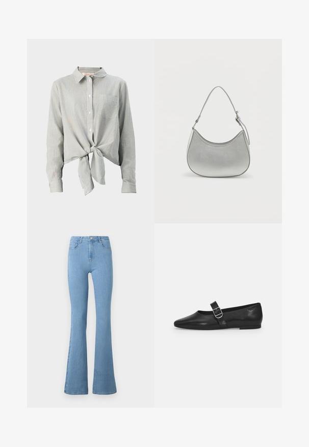 Camisa de boton en rayas verdes y blancas, con un lazo en la parte delantera, mangas largas y un bolsillo en el pecho. Confeccionada en tela ligera.; Jeans de mezclilla de tiro alto en un azul claro, con piernas acampanadas, cinco bolsillos, cremallera frontal y cierre de botón metálico.; Zapato plano de cuero negro con punta redondeada, una sola correa ajustable con hebilla y una textura suave y brillante. Diseño minimalista con un tacón bajo.; Bolso de mano de imitación cuero plateado con forma curva, correa corta ajustable y textura suave, que presenta un detalle de costura minimalista.