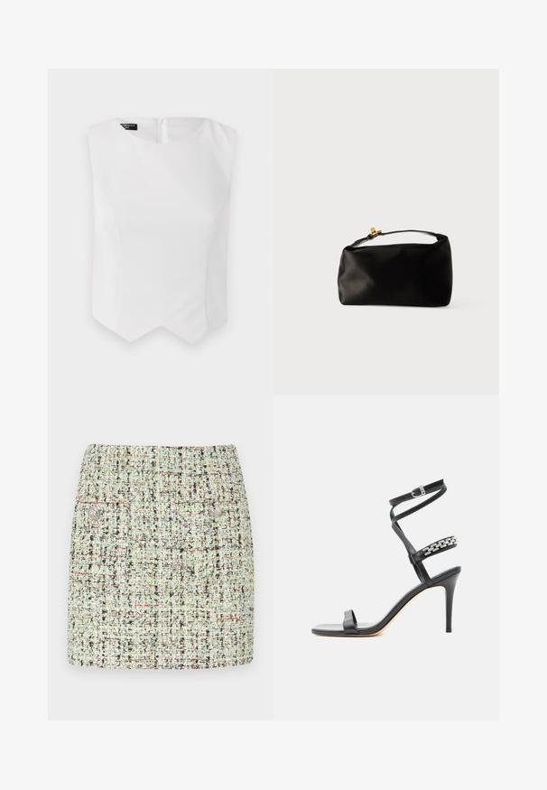 Top sin mangas blanco con escote redondeado, forma ajustada y un dobladillo en zigzag único. Confeccionado en una tela suave con un cierre oculto en la parte posterior.; Minifalda de tweed en verde claro, con una tela texturizada que presenta motas multicolores, dos bolsillos frontales y acentos de botones plateados.; Sandalia negra de tacón alto con tira delgada en el tobillo, tira en la parte media del pie decorada con eslabones de cadena plateados y diseño de punta abierta.; Bolsa de terciopelo negro con forma redondeada, un asa superior y un cierre de acento dorado. Textura suave con un diseño minimalista.