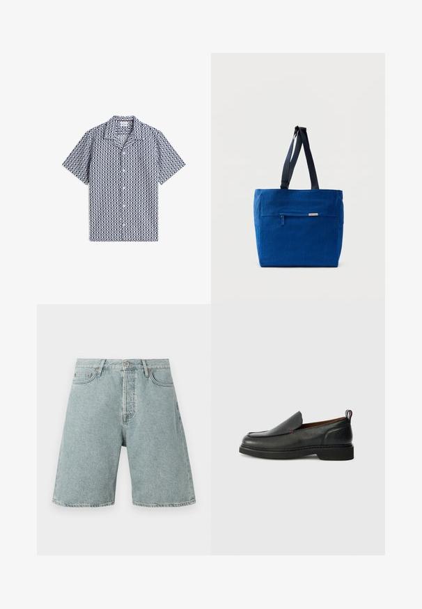 Korte-mouw blouse met knopen, blauw-wit ruitpatroon en klein rood logo op de borst, plat gelegd op een witte achtergrond.; Lichtblauwe denim shorts met een relaxed fit, vijf zakken en een knoopsluiting. Verweerde textuur met zichtbare stikdetails.; Zwarte leren instapschoen met een ronde neus, een gestructureerde bovenzijde, contrasterende rode stiksels en een lage hak. Voorzien van een lusvormige trekstrip.; Blauwe canvas boodschappentas met een voorvak met rits, dubbele schouderbanden en een rechthoekige vorm. Heeft een subtiel merklabel.