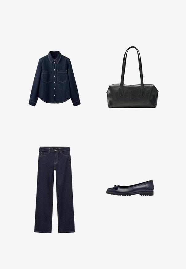 Mørkeblå denimskjorte med lange ærmer, lukkes foran med knapper, to brystlommer og synlige hvide syninger.; Mørk denim jeans med en afslappet pasform. Har høj talje, fem lommer og kontraststing. Lige ben-design, uden udsmykning.; Mørkeblå læder balletflade med en lille sløjfedetalje, rund tå og struktureret sål med en lav hæl.; Sort rektangulær læderhåndtaske med to lange skulderstropper og en lynlåslukning øverst.