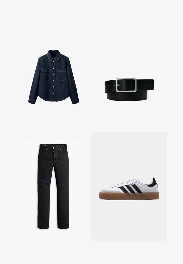 Mørkeblå denimskjorte med lange ærmer, lukkes foran med knapper, to brystlommer og synlige hvide syninger.; Sorte denimjeans med lige pasform, fem lomme-design og knaplukning. Har kobbernitter og syningsdetaljer.; Hvide lædersneakers med sorte striber, gummirubber sål, rund tå, snørelukning og blød grå ruskinds tåhætte.; Sort læderbælte med sølv rektangulært spænde og flere justeringshuller, lagt fladt på en hvid baggrund.