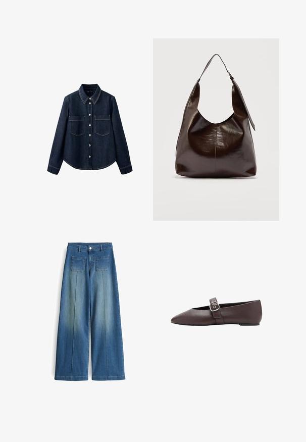 Dunkelblaues Jeanshemd mit langen Ärmeln, durchgehender Knopfleiste, zwei Brusttaschen und sichtbaren weißen Nähten.; Weite, hellblaue Jeans mit einem verwaschenen Look, zwei Gesäßtaschen und einem glatten Finish. Verfügt über einen klassischen Knopf- und Reißverschluss.; Brauner Ballerina mit spitz zulaufender Spitze, silberner Schnalle über dem Rist, glattem Leder und niedrigem Absatz.; Dunkelbraune glänzende Lederschultertasche mit einem breiten einzelnen Riemen und Schnallendetail auf einer Seite, vor einem schlichten hellen Hintergrund.